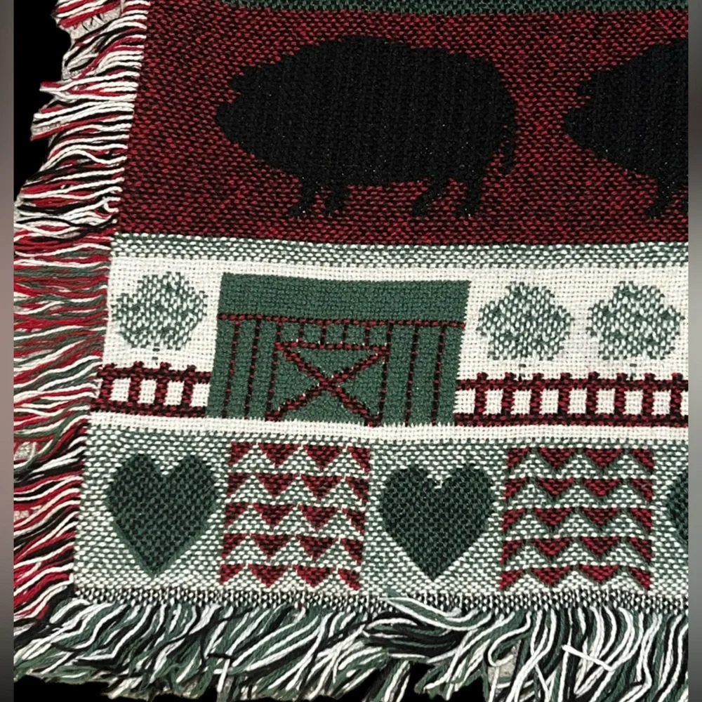 Vintage RARE Throw Blanket Tapestry Farm Pig & Hearts 46 x 70” Country Folk